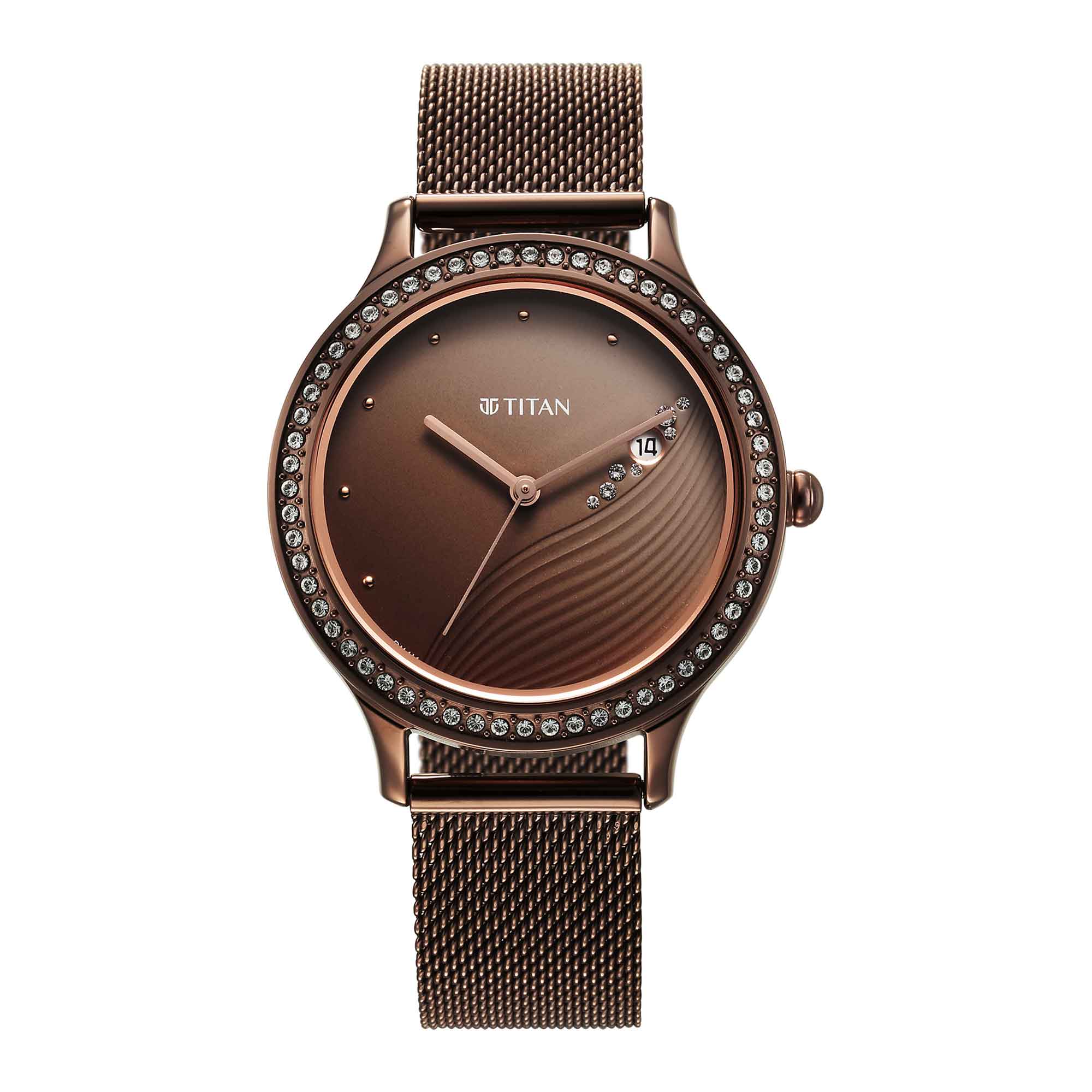 Titan Purple Glam It Up Brown Dial Analog with Date Stainless Steel Strap Watch for Women