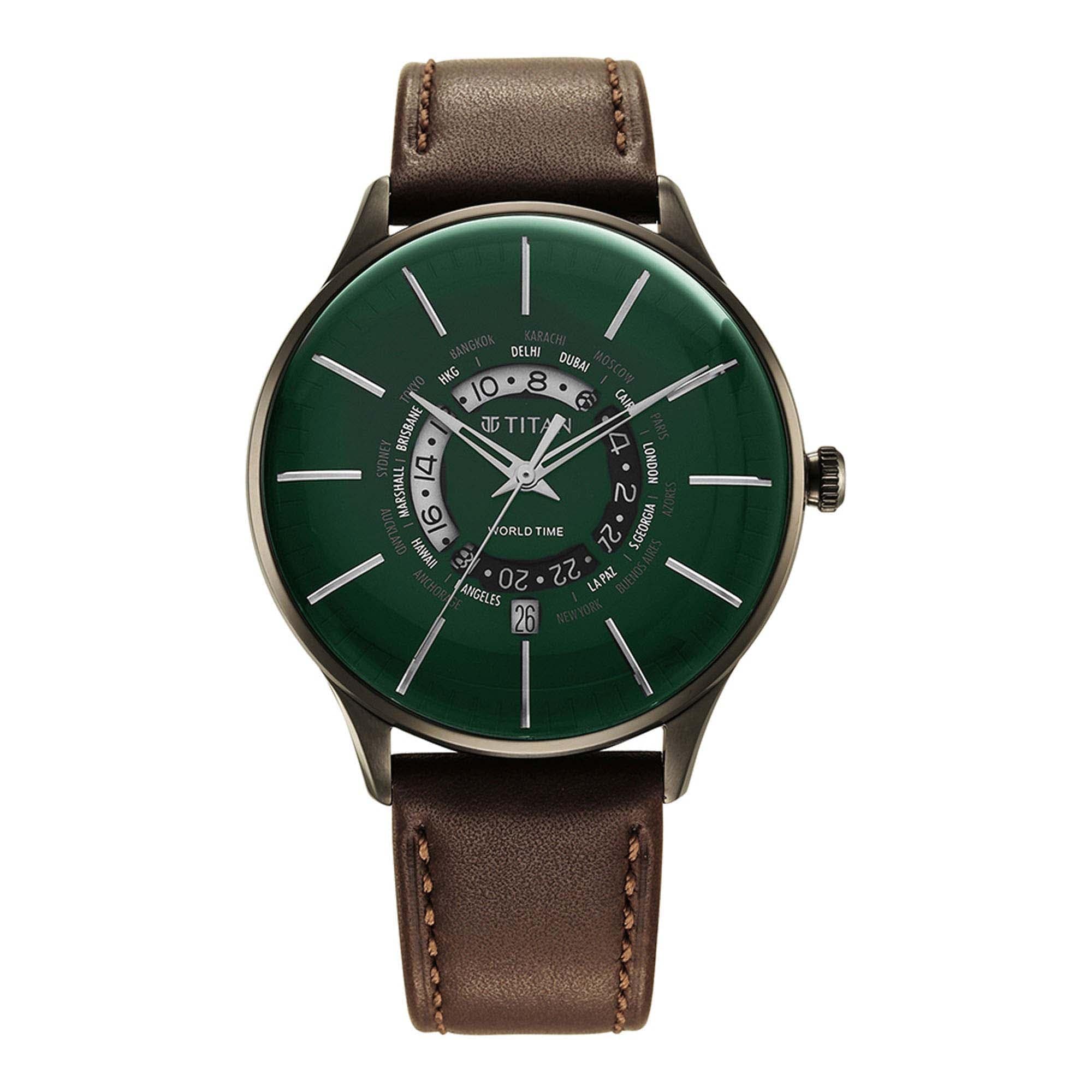 World Time Green Dial Leather Strap Watch